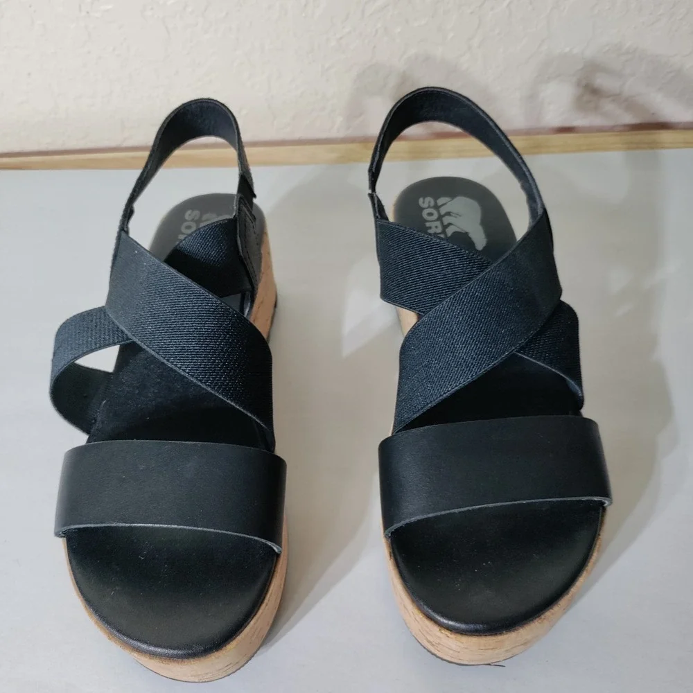 Sorel Cameron Flatform Sandals Black Leather Cork Wedge NL3998-010 Womens 6.5